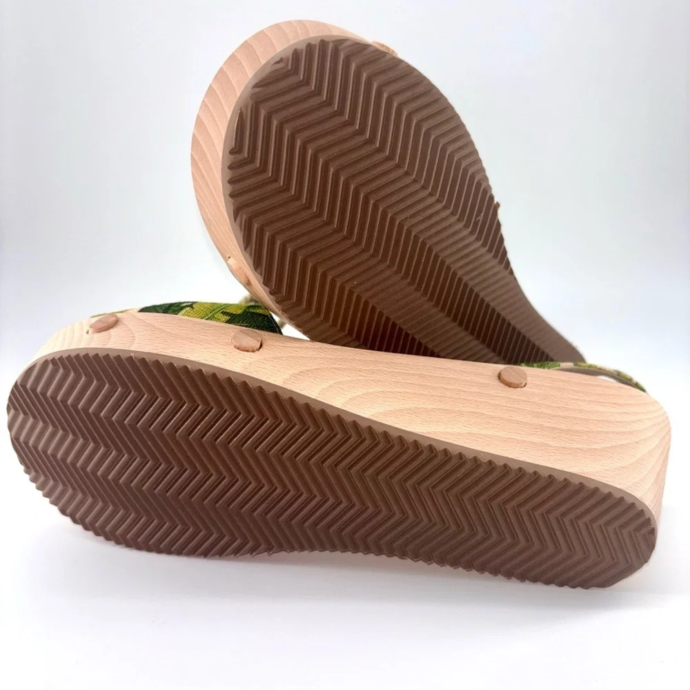 Sedette Tropical Print Platform Ethical Vegan Wood Sandals with Rope Tie Sz 8.5